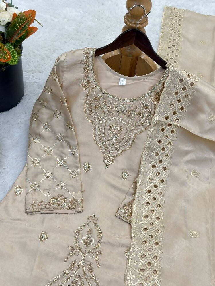 Teeya Creation Cream Color Gimmychu Silk Embroidery Work Wedding Wear Salwar Suit