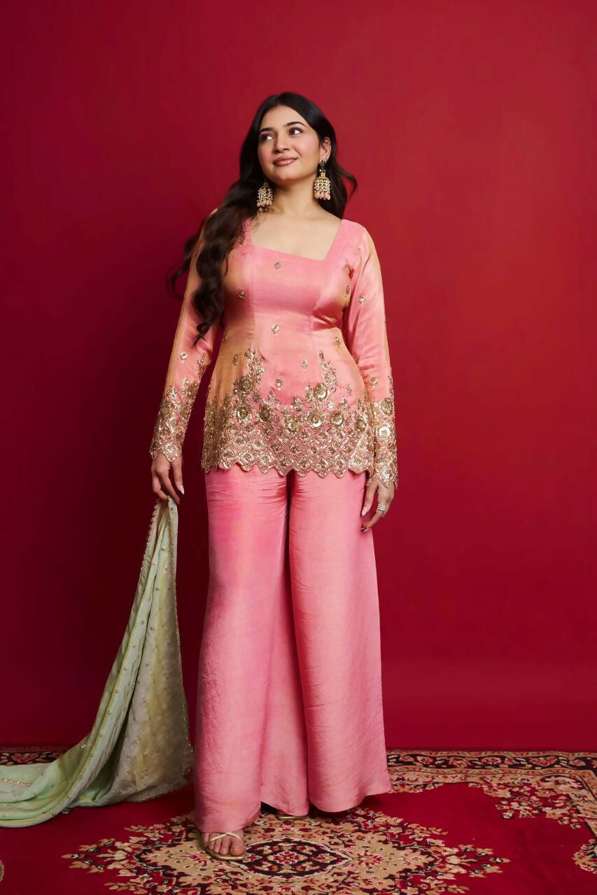 Teeya Creation Pink Color Heavy Shimmer Silk Embroidery Work Party Wear Suit