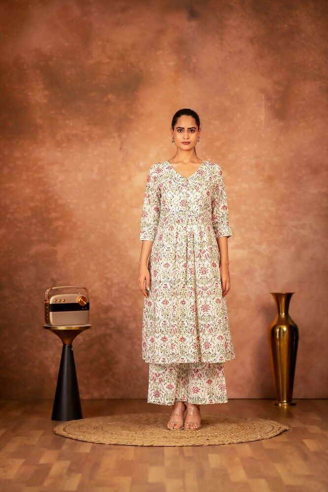 Joban Fashion Green Pink Hand Block Printed Cotton Suit Set