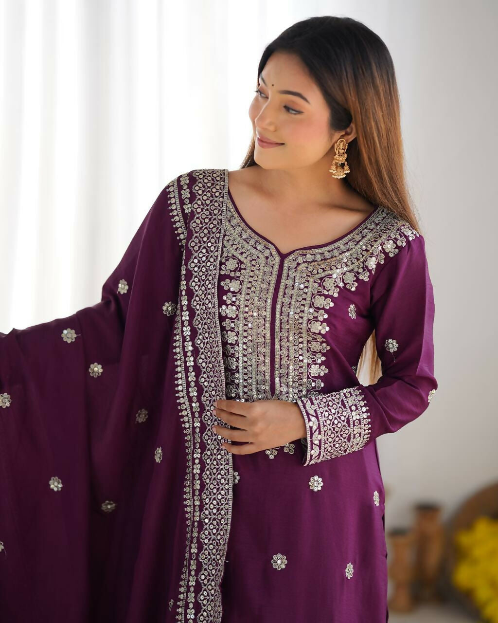 Joban Fashion Wine Kurta Set Silk Sequins , Zari, Coding & Thread Embroidered work