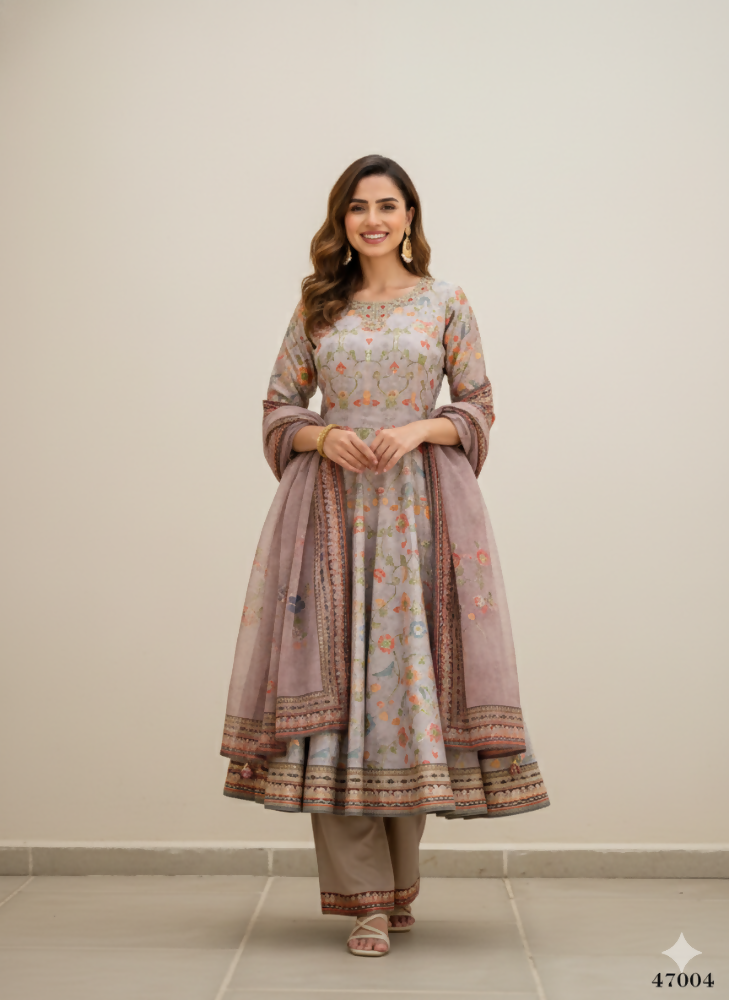 Functional Designer Grey Jam Silk Anarkali suit with Dupatta-Anbazaar