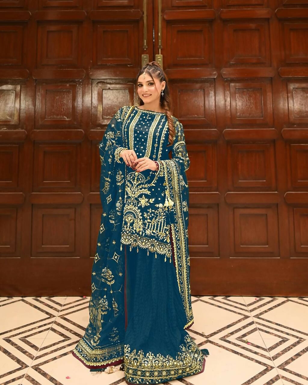 Teeya Creation Teal Faux georgette Designer heavy work Wedding Wear Palazzo pair