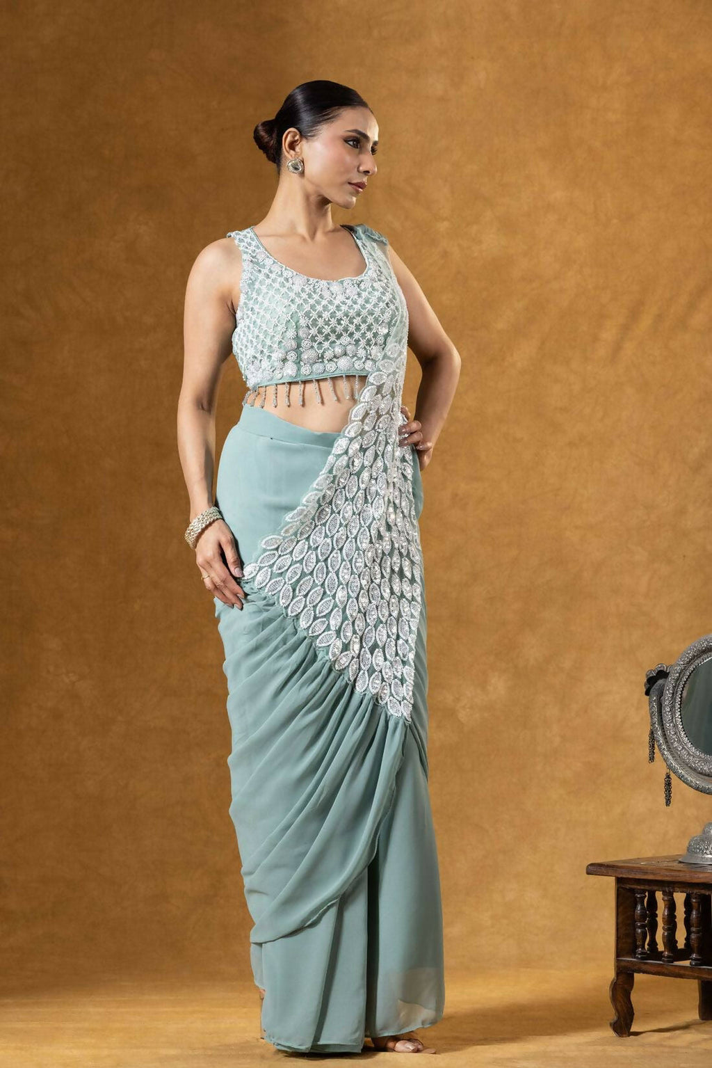Teeya Creation Teal Color Faux Georgette Embroidery Work Party Wear Ready To Wear Saree
