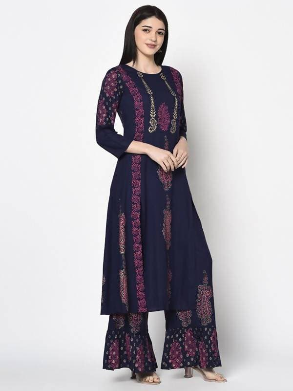 Aniyah Rayon Navy Blue Color Block Print A-line Flared Long Kurta Palazzo Set with Two Front Slits (AN-214K)