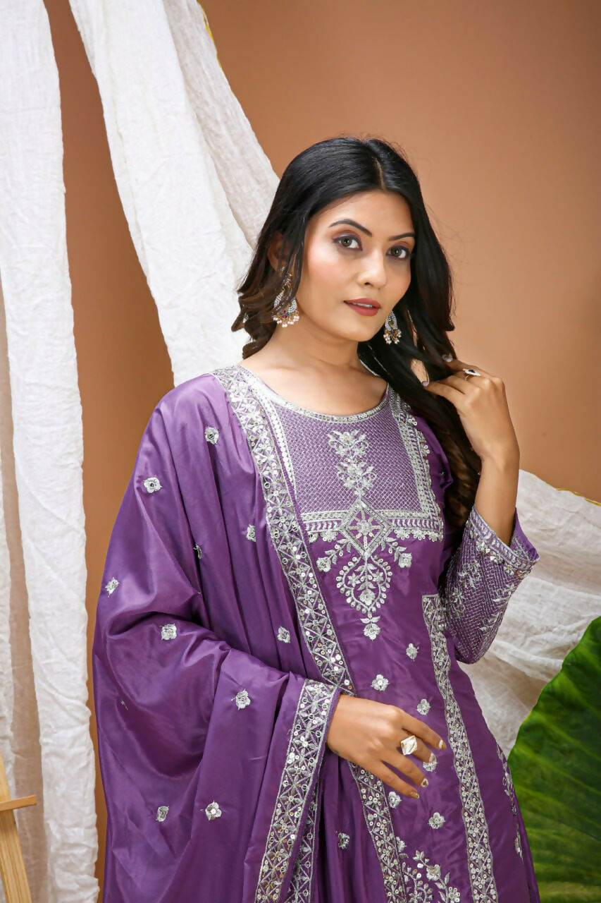 Teeya Creation Lavender Color Natural Crepe Silk Wedding Wear Trending Salwar Suit