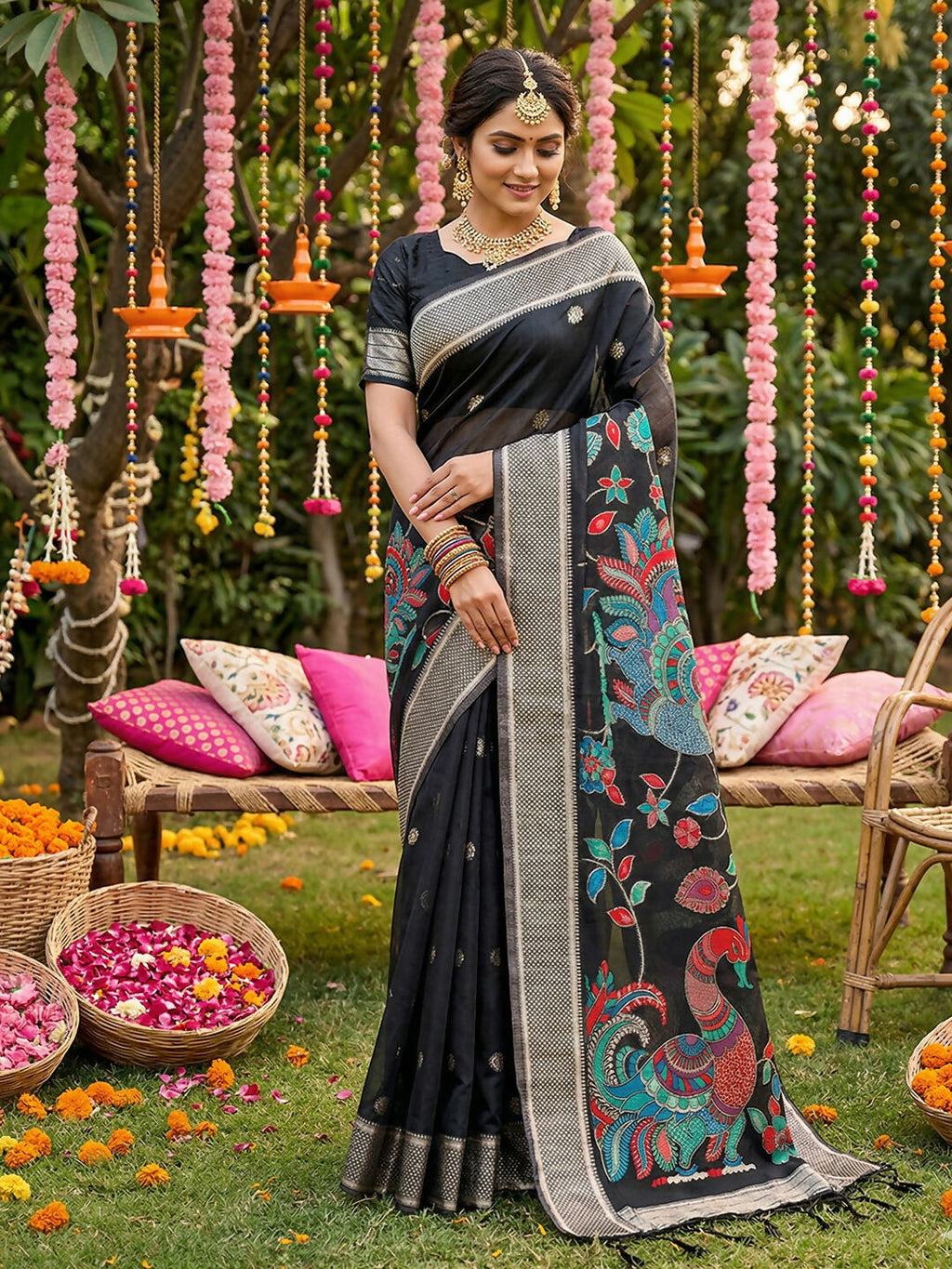 Shree Shyam Fashion Black Linen Cotton Saree