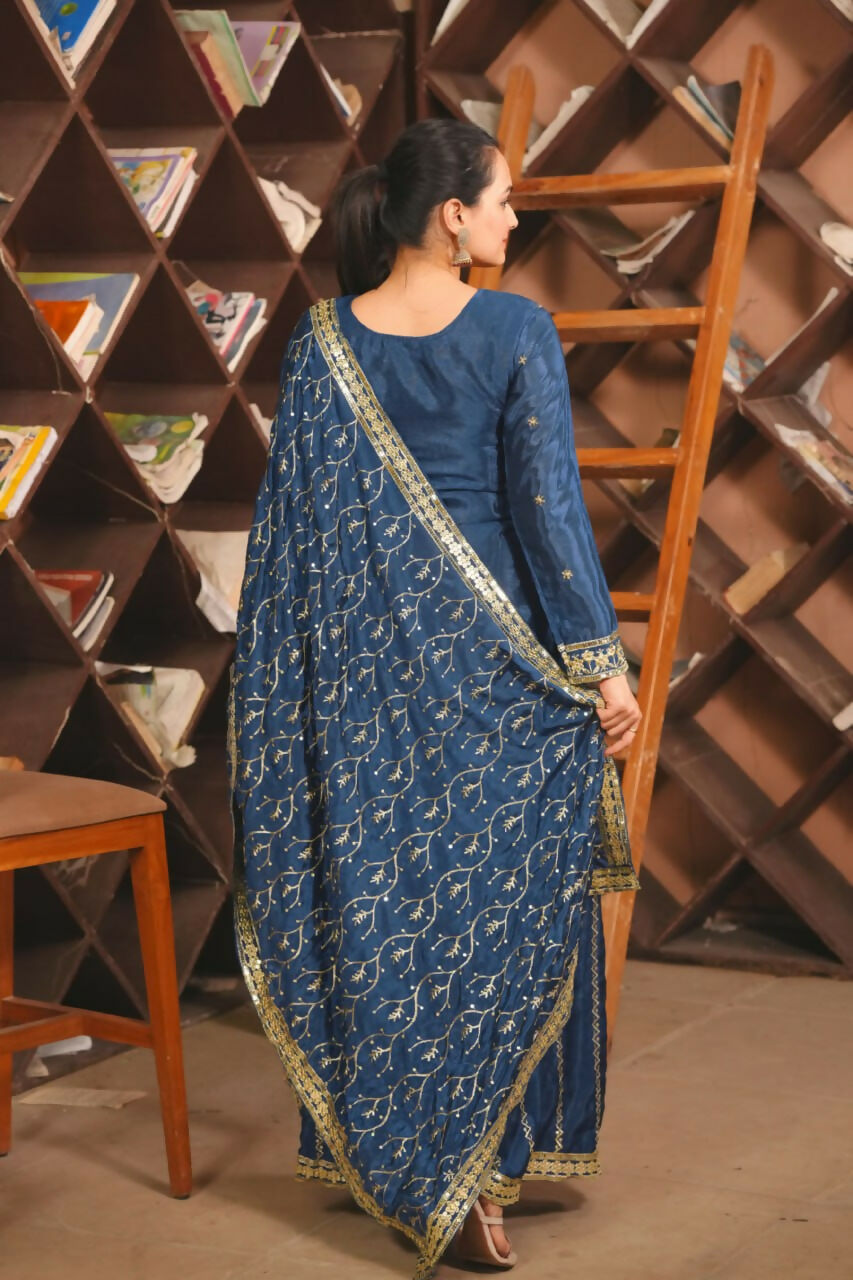 Teeya Creation Blue Color Chinon Silk Wedding Wear Trending Palazzo Set