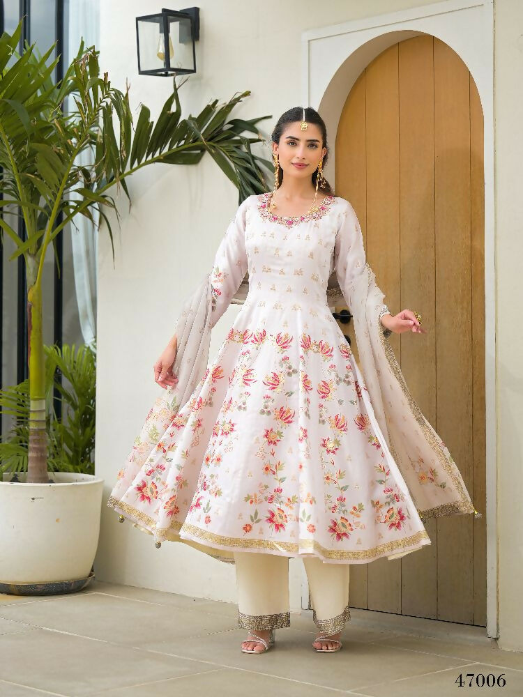 Functional Designer Off white Jam Silk Anarkali suit with Dupatta-Anbazaar