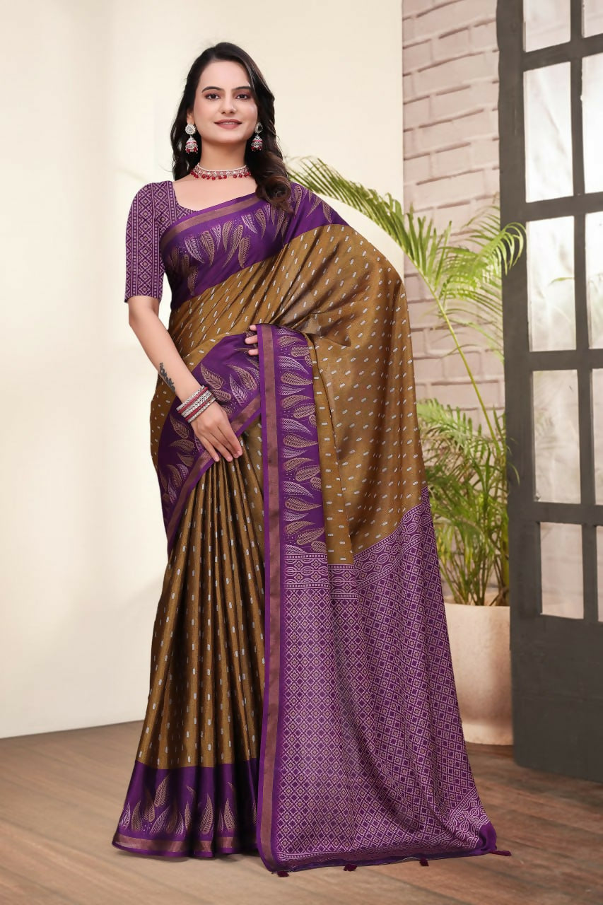 Prime Volt Mal Cotton Mustard Purple Ethnic Printed Saree with Designer Blouse Piece