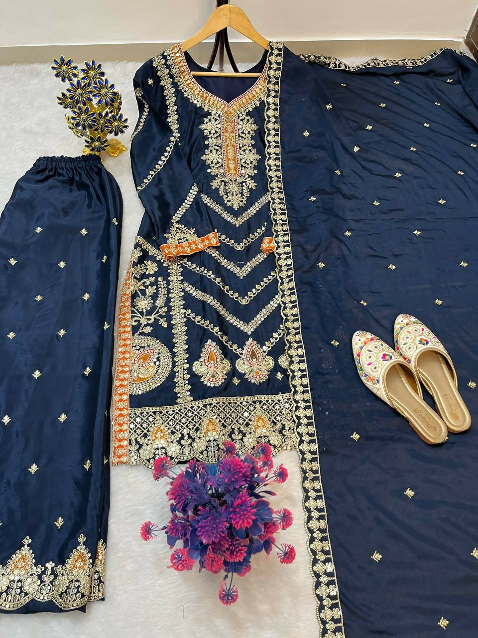 Teeya Creation Blue Color Chinon Silk Party Wear Trending Palazzo Set