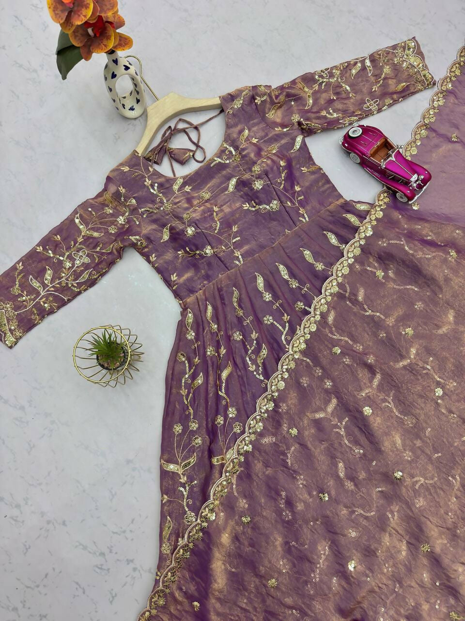 Teeya Creation Onion Color Faux Georgette Long Party Wear Gown