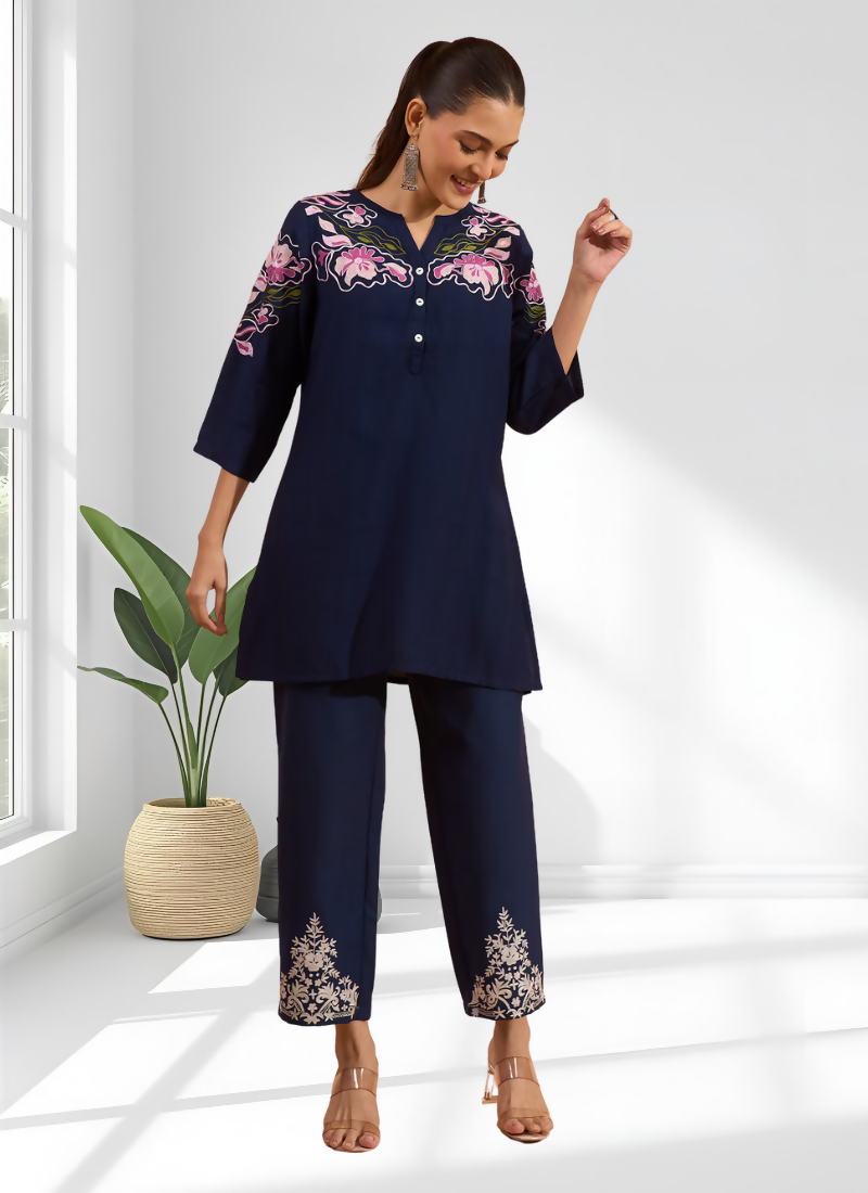Joban Fashion Navy Blue Cotton, Linen Embroidered Readymade Cord Set