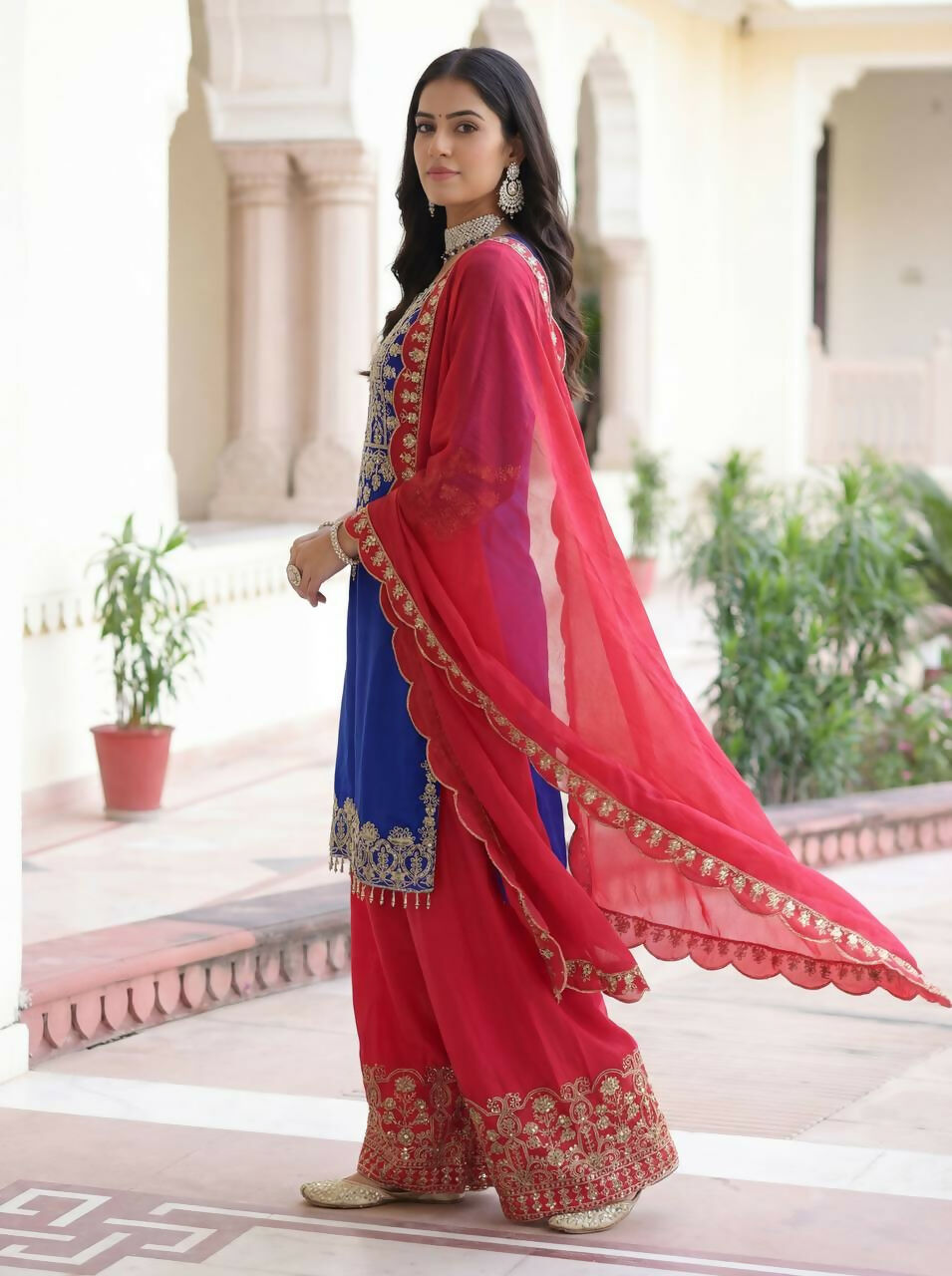 Joban Fashion Blue Silk Embroidered Sharara Set