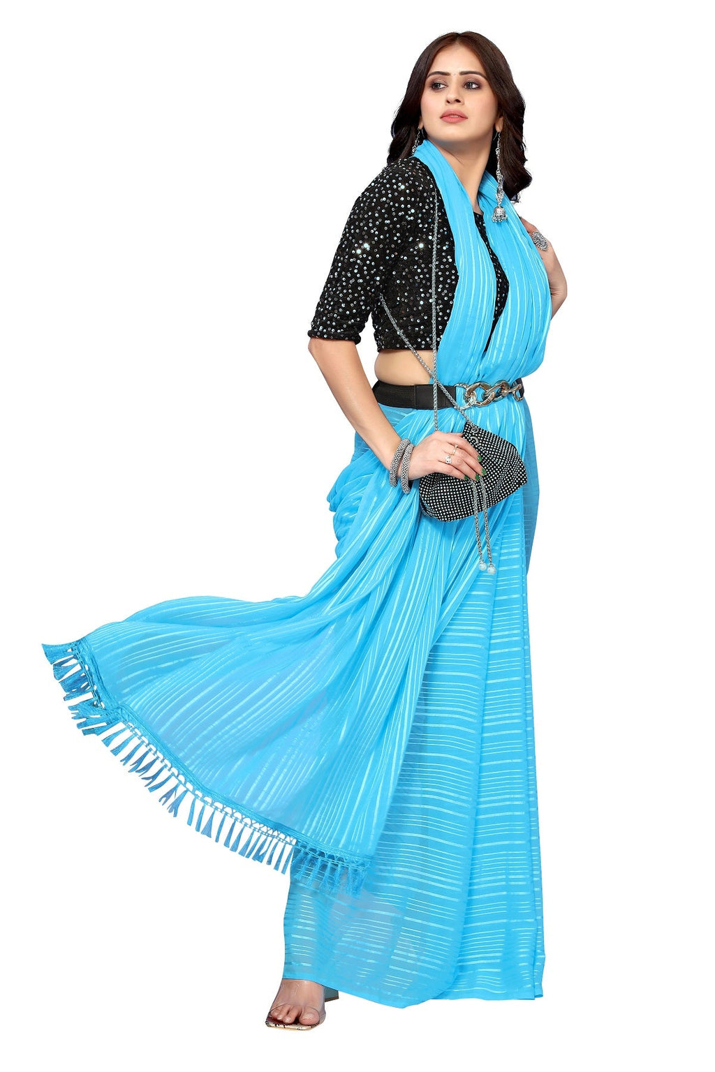 Vamika Georgette Sequence Work Firozi Bollywood Style Saree
