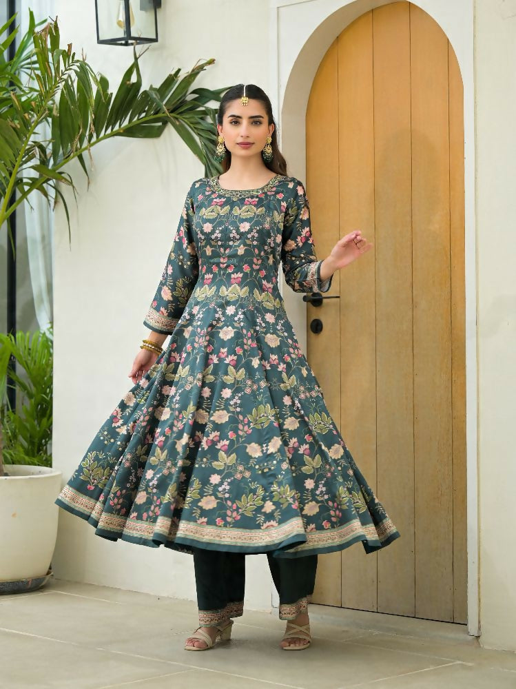 Functional Designer Green Jam Silk Anarkali suit with Dupatta-Anbazaar