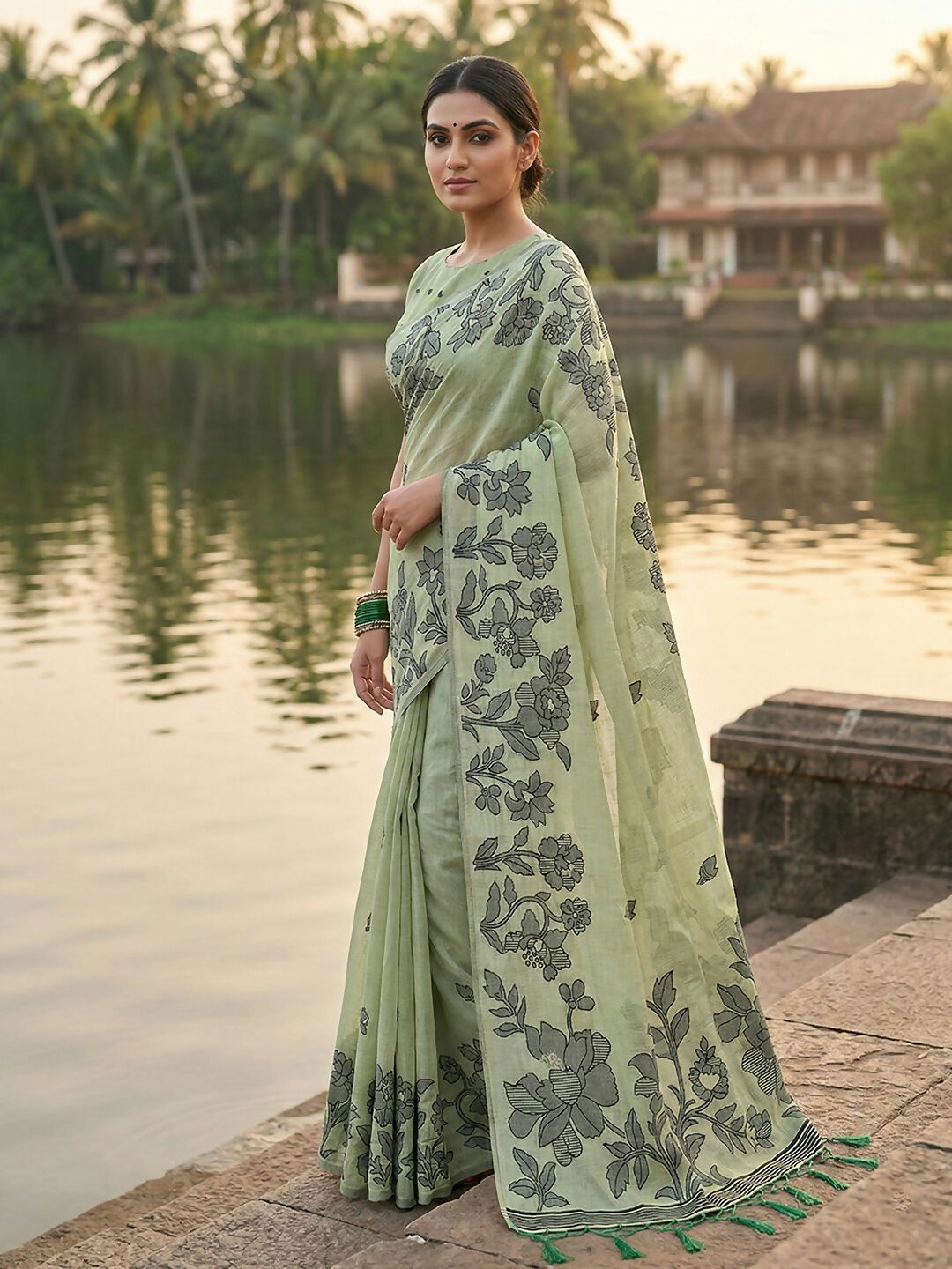 Shree Shyam Fashion Light Green Linen Cotton Saree