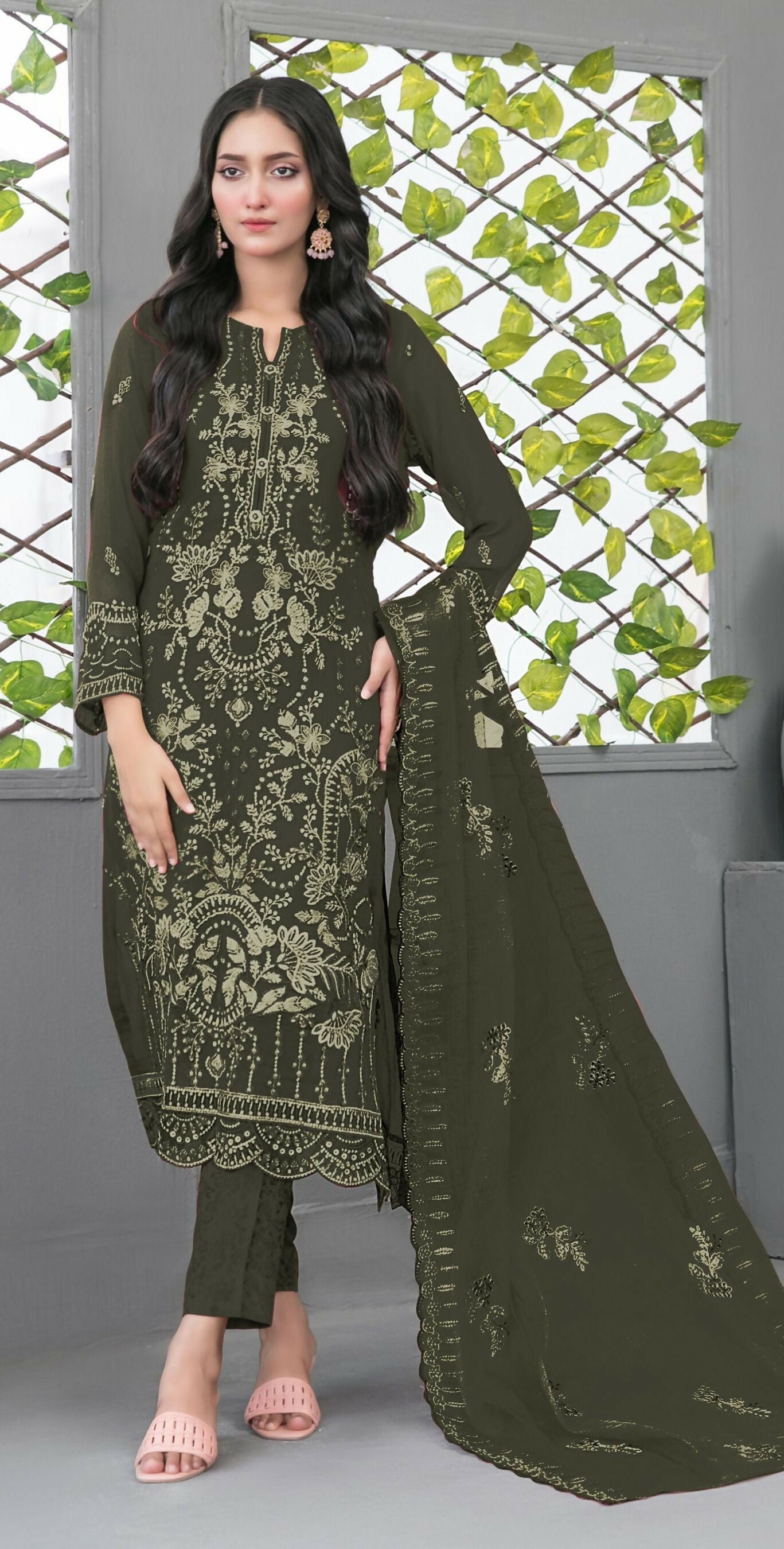 Anaita Mehendi Fox Georgette Semi Stiutched Suit with Embroidery Sequence Work