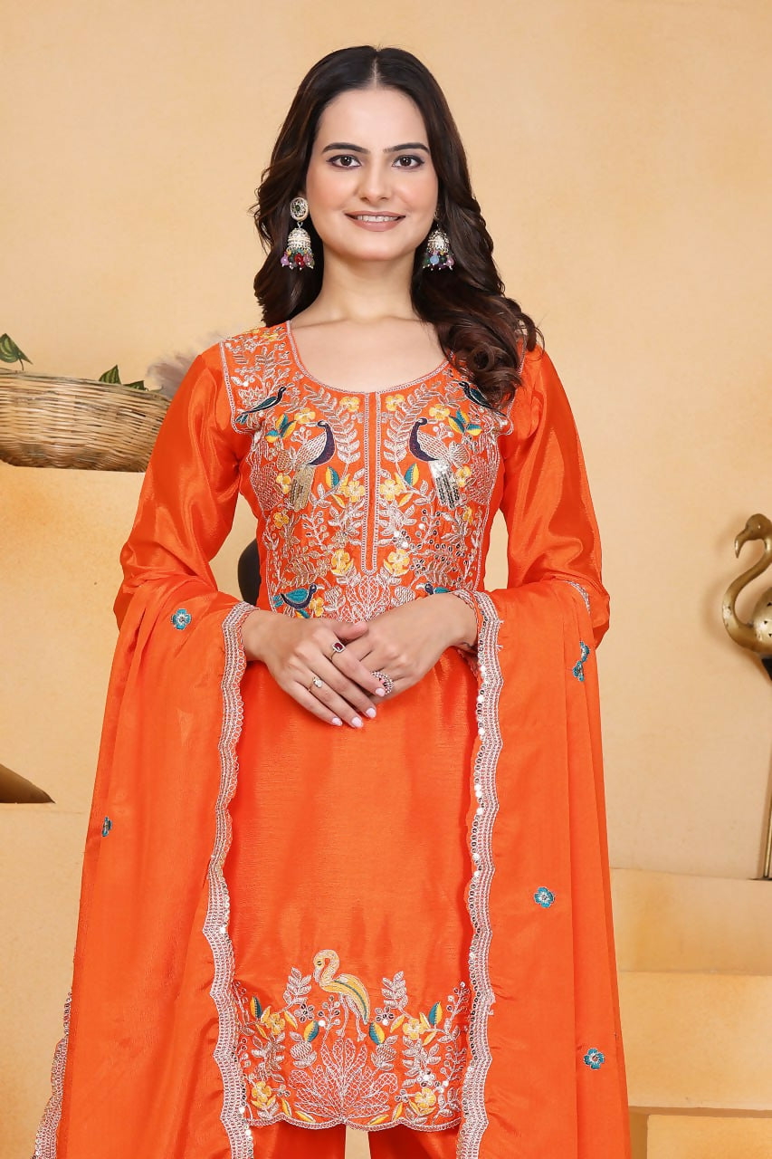 Teeya Creation Orange Color Chinon Silk Party Wear Punjabi Dhoti Suit
