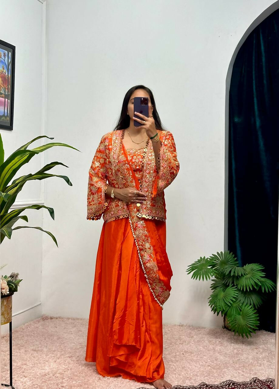 Teeya Creation Orange Color Chinon Silk Embroidery Work Ready To Wear Party Wear Saree With Koti