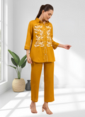Joban Fashion Mustard Cotton, Linen Embroidered Readymade Cord Set