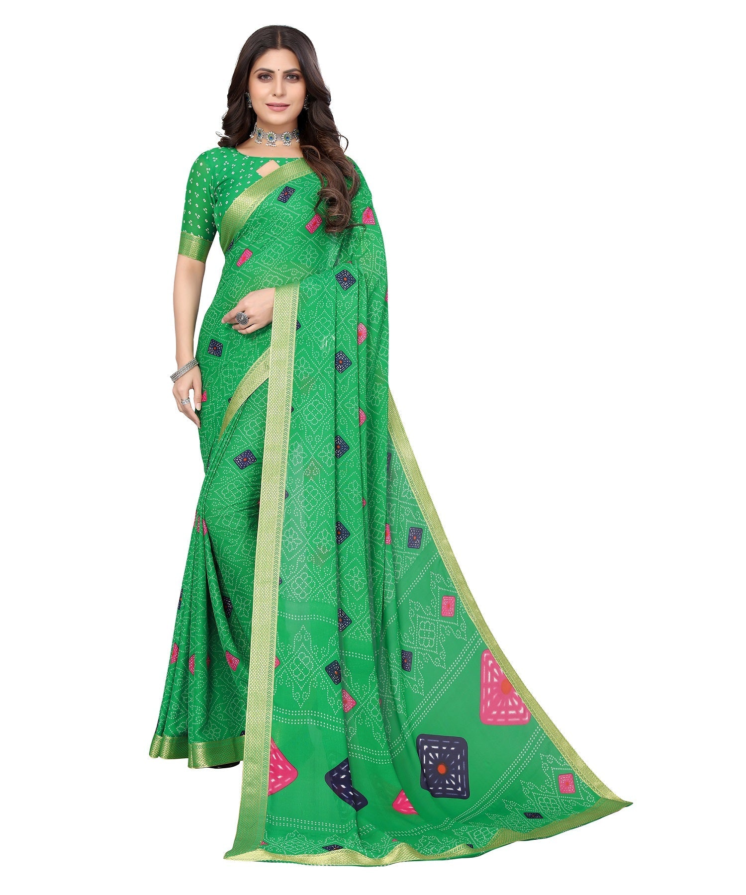 Vamika Green Georgette Printed With Lace Saree