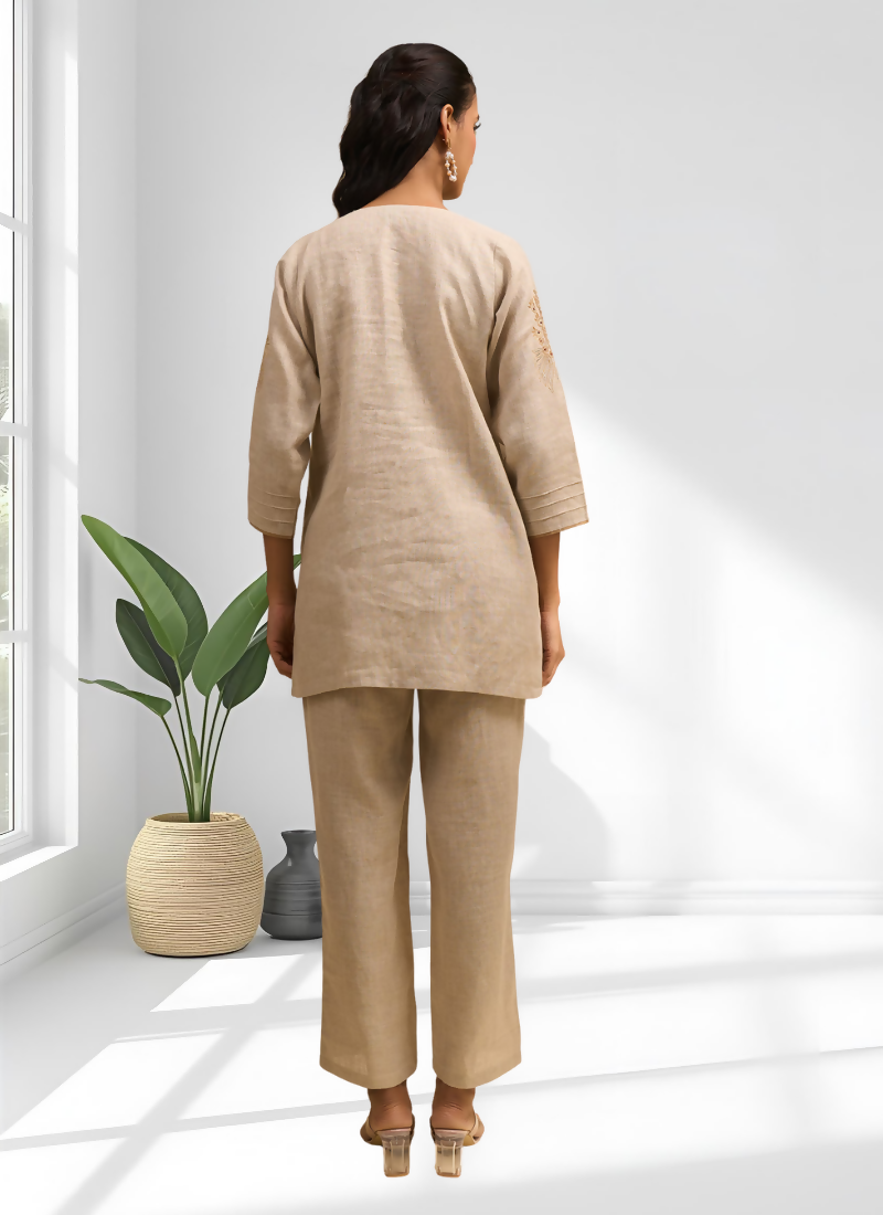 Joban Fashion Beige Linen Embroidered Readymade Cord Set
