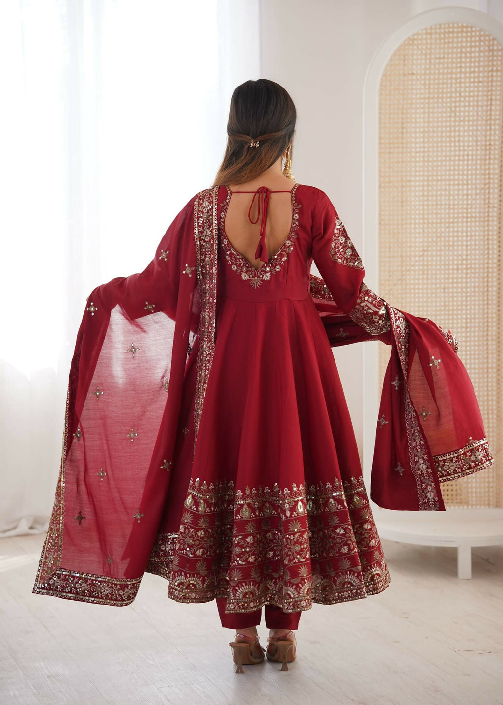 Teeya Creation Maroon Roman Silk Embroidery Work Party Wear Long Gown