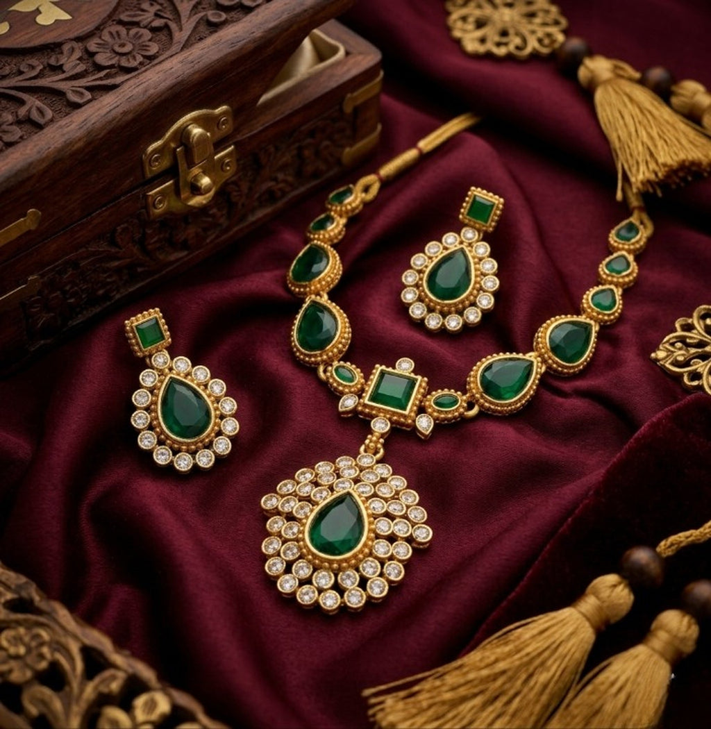 Jewel City Elegant Emerald Green & Gold-Plated Handcrafted Indian Bridal Jewelry Set - Necklace & Earrings