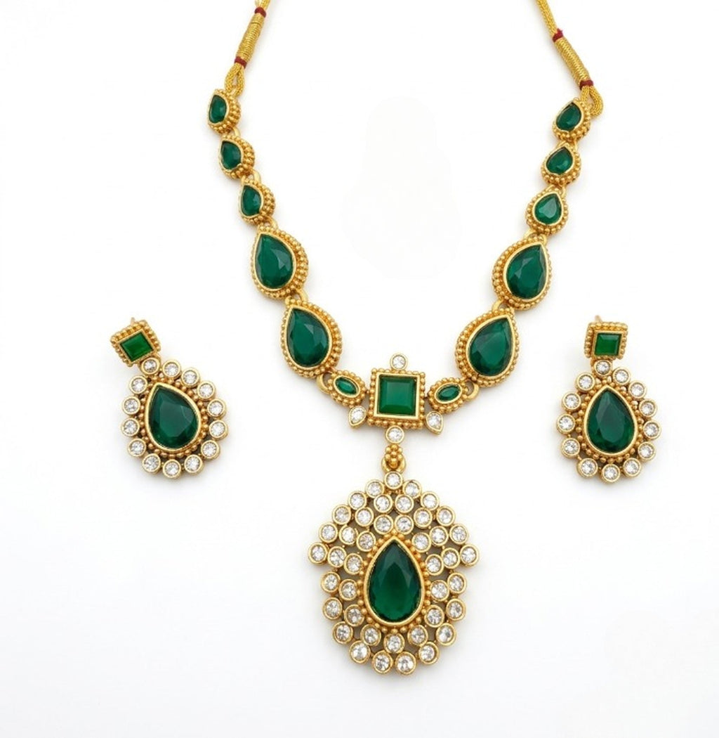 Jewel City Elegant Emerald Green & Gold-Plated Handcrafted Indian Bridal Jewelry Set - Necklace & Earrings