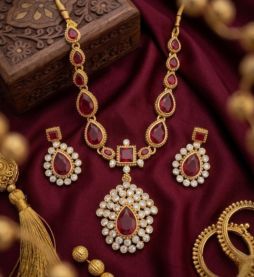 Jewel City Elegant Ruby & Gold-Plated Handcrafted Indian Bridal Jewelry Set - Necklace & Earrings
