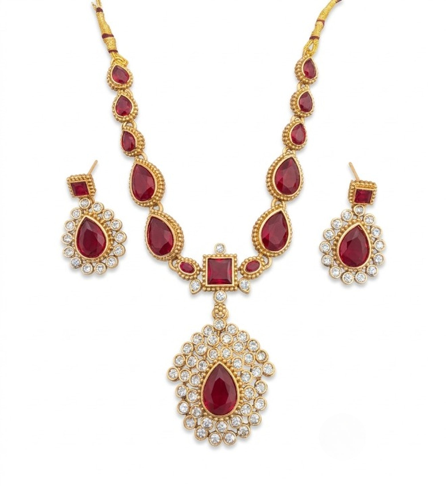 Jewel City Elegant Ruby & Gold-Plated Handcrafted Indian Bridal Jewelry Set - Necklace & Earrings