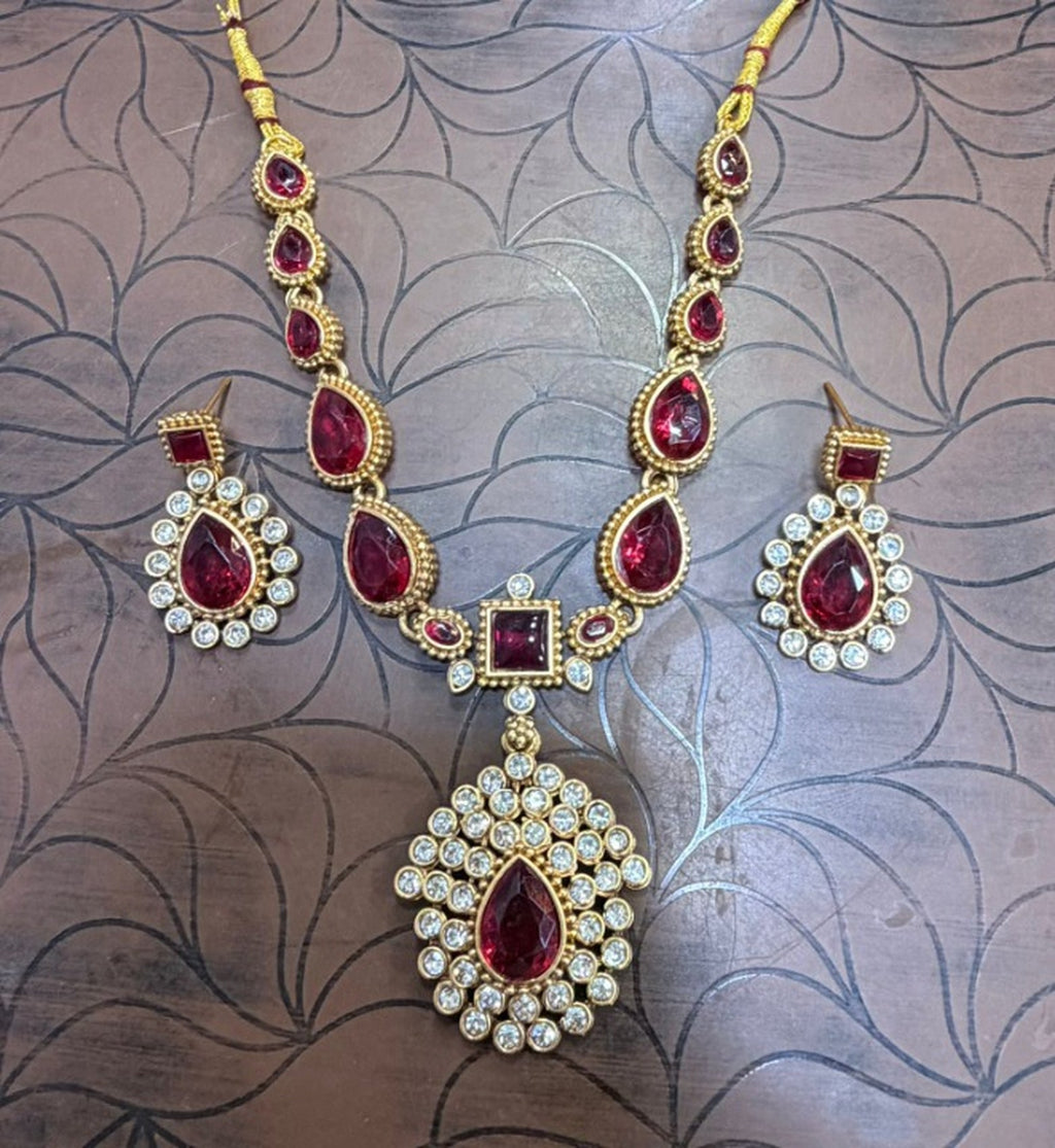 Jewel City Elegant Ruby & Gold-Plated Handcrafted Indian Bridal Jewelry Set - Necklace & Earrings