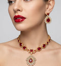 Jewel City Elegant Ruby & Gold-Plated Handcrafted Indian Bridal Jewelry Set - Necklace & Earrings