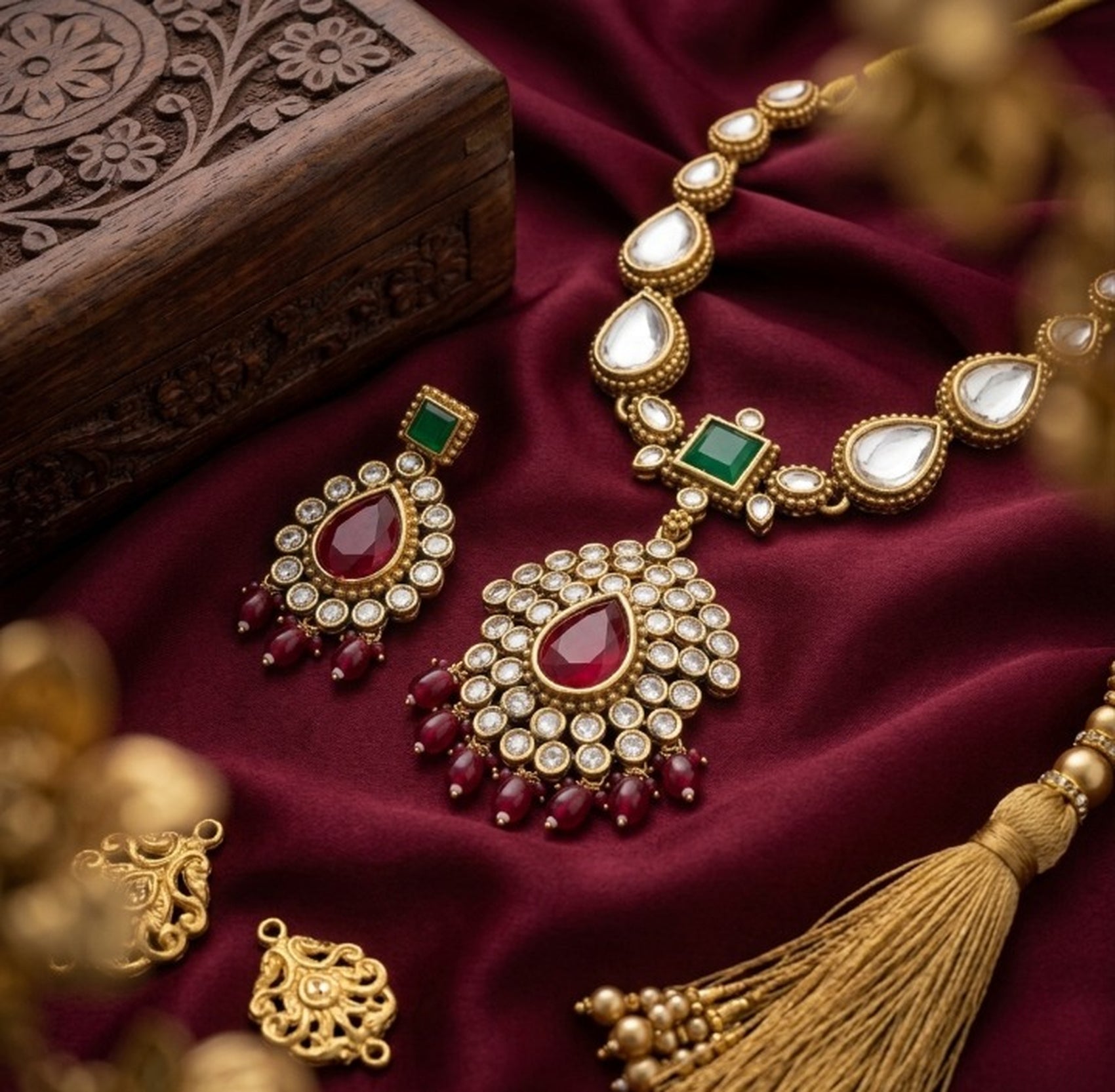 Jewel City Elegant Ruby- Green & Gold-Plated Handcrafted Indian Bridal Jewelry Set - Necklace & Earrings