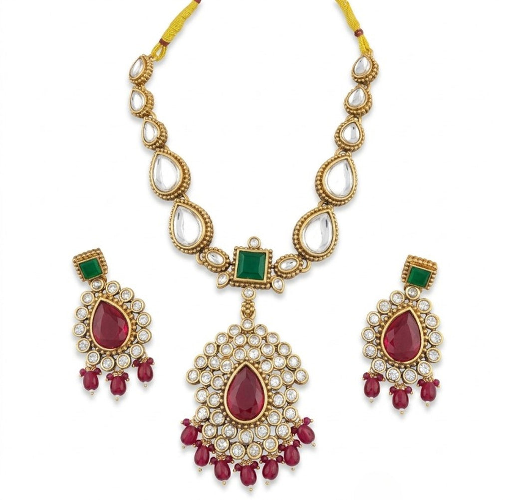 Jewel City Elegant Ruby- Green & Gold-Plated Handcrafted Indian Bridal Jewelry Set - Necklace & Earrings