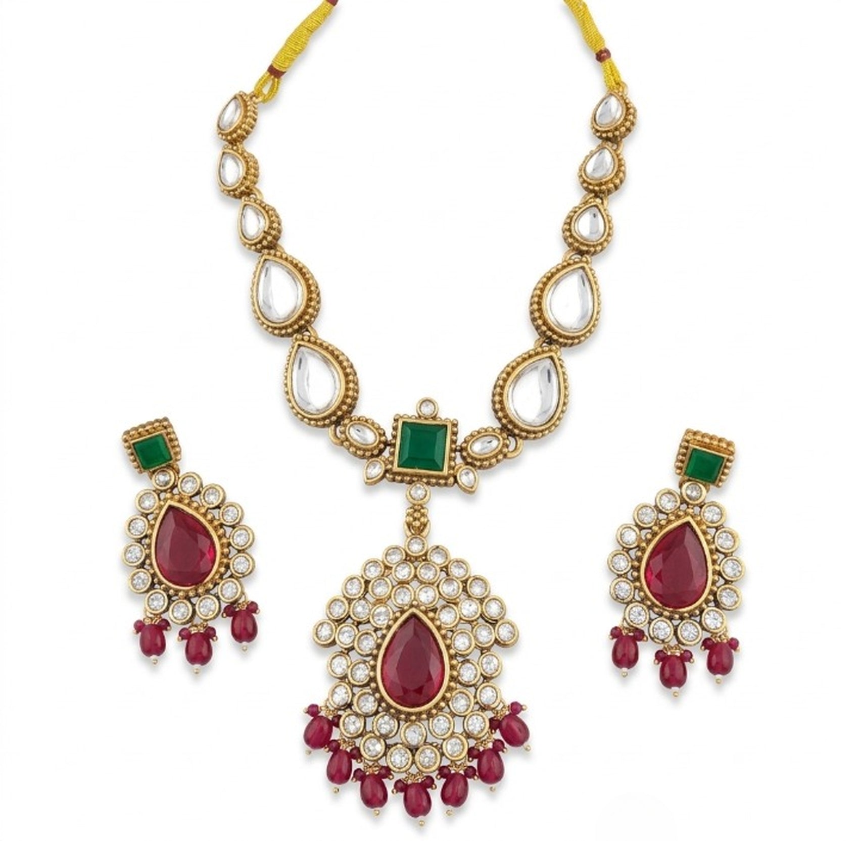 Jewel City Elegant Ruby- Green & Gold-Plated Handcrafted Indian Bridal Jewelry Set - Necklace & Earrings