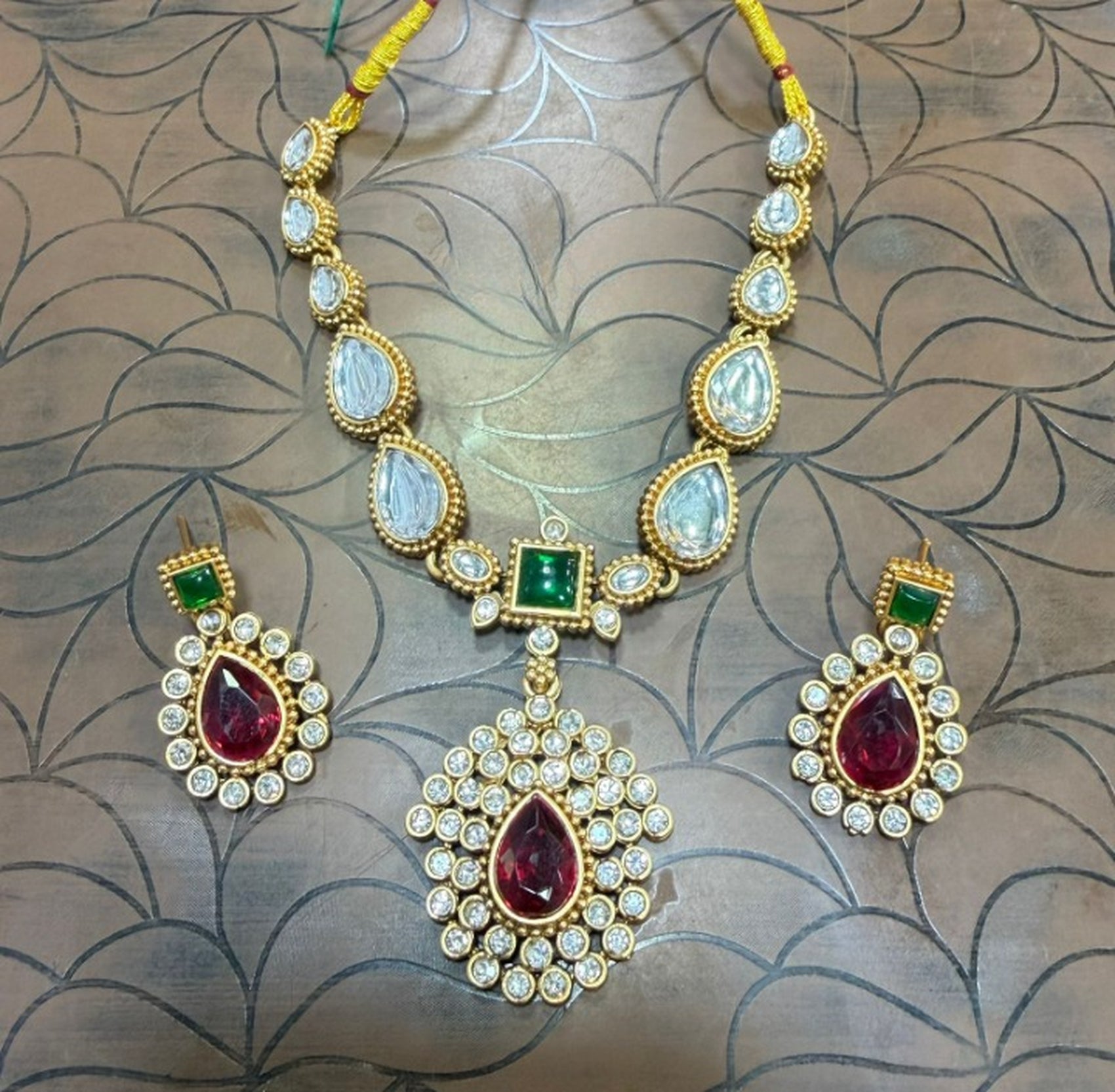 Jewel City Elegant Ruby- Green & Gold-Plated Handcrafted Indian Bridal Jewelry Set - Necklace & Earrings