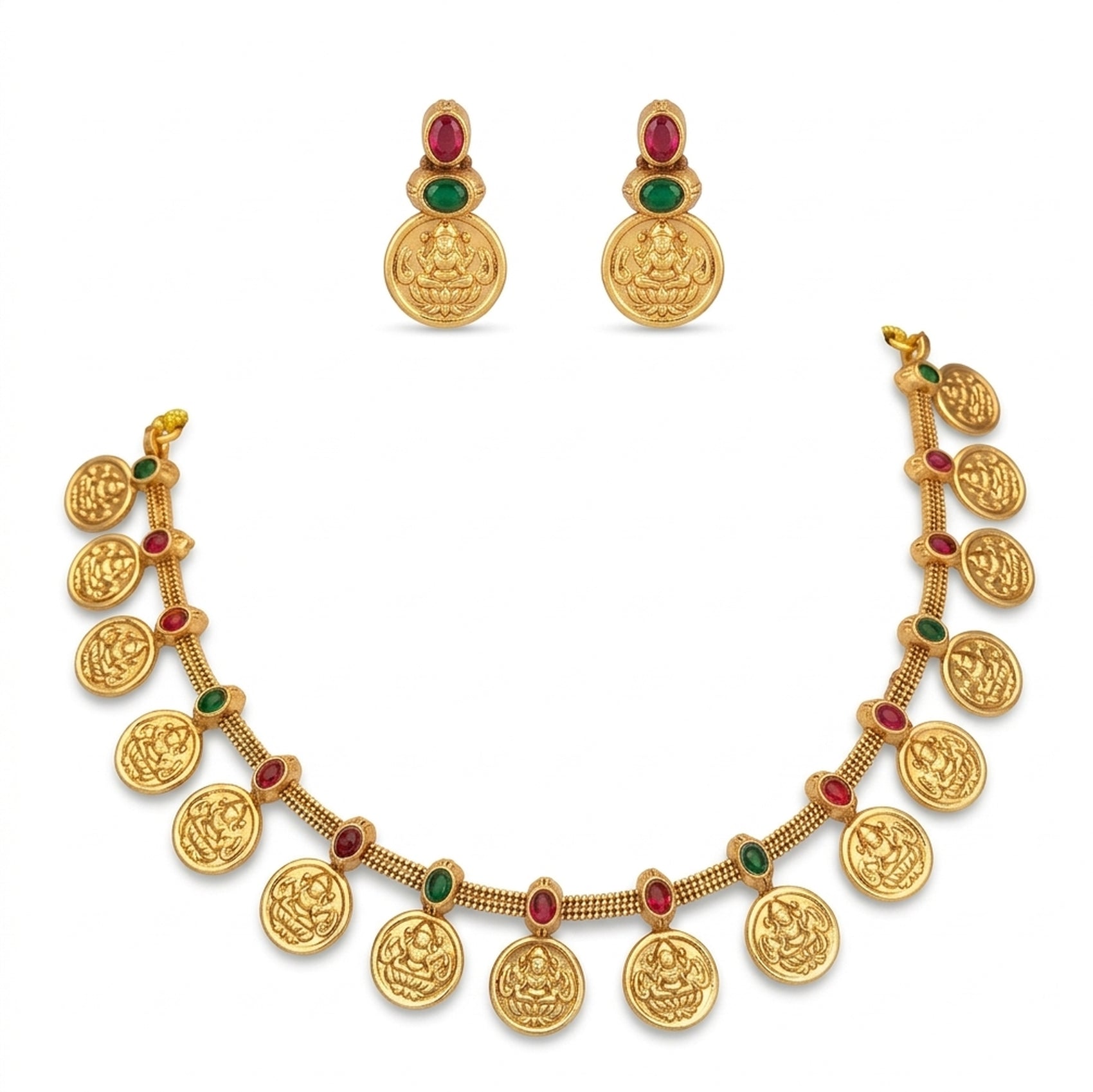 Jewel City Traditional Gold-Plated Temple Lakshmi Coin Necklace Set with Ruby & Emerald Accents