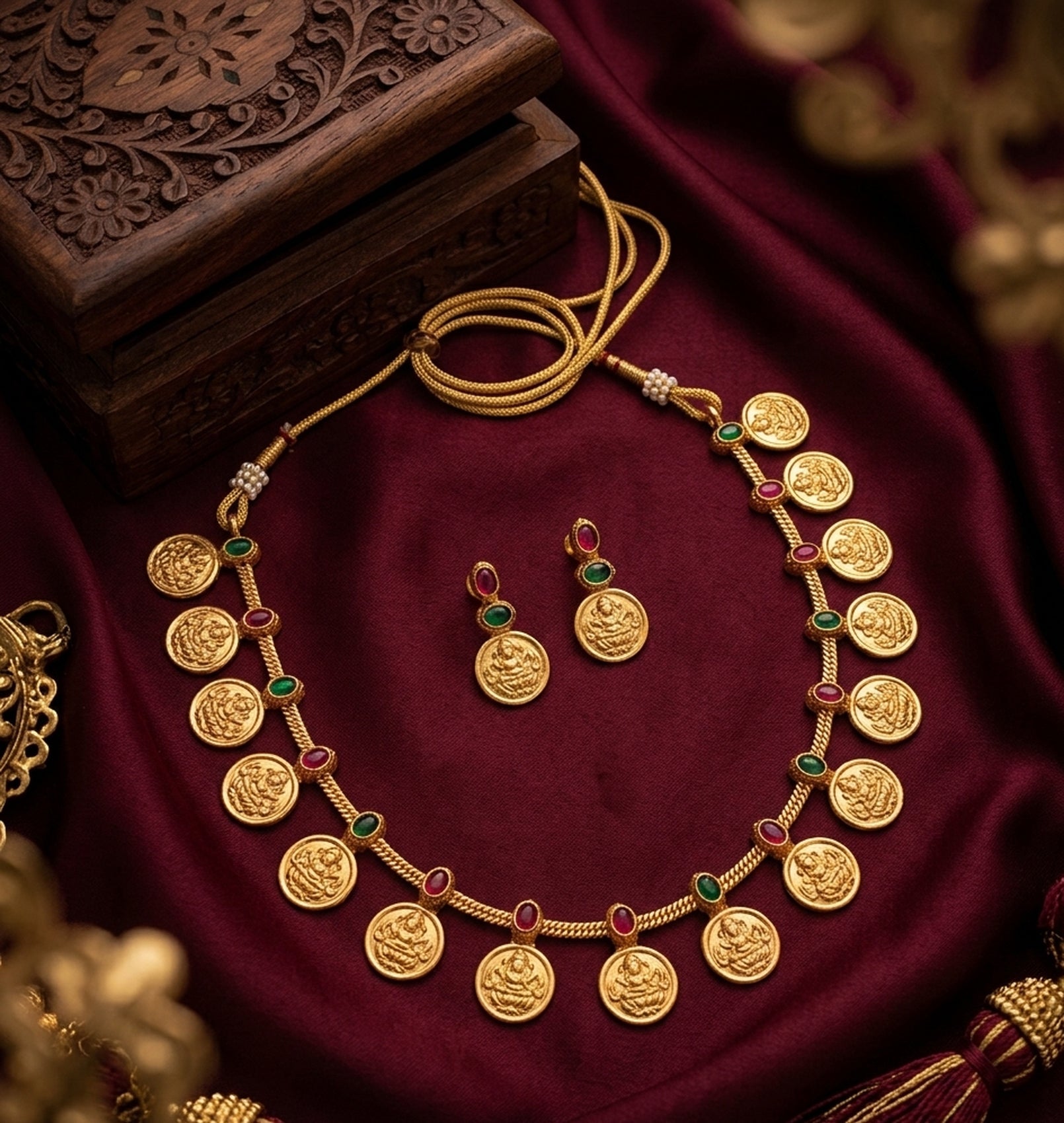 Jewel City Traditional Gold-Plated Temple Lakshmi Coin Necklace Set with Ruby & Emerald Accents