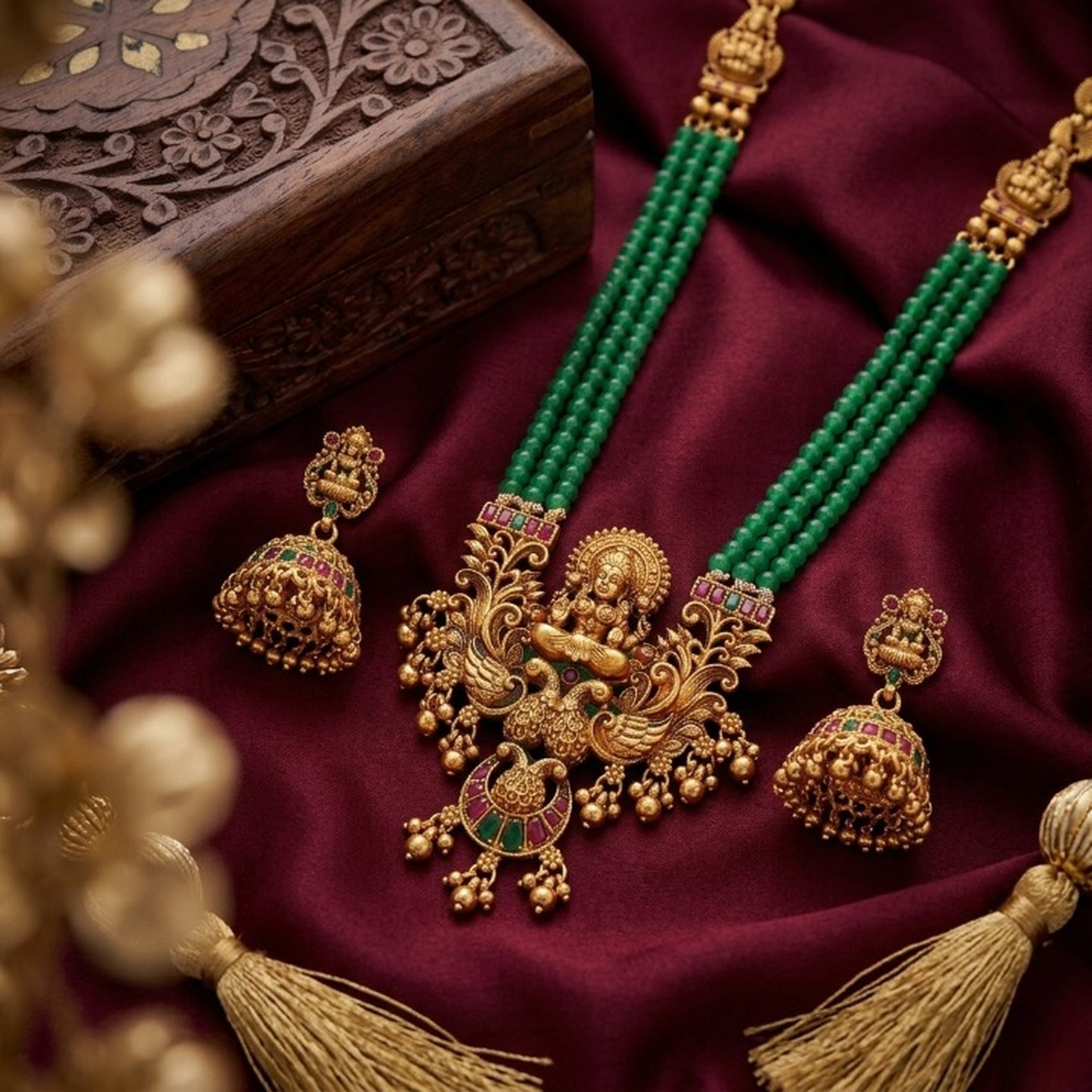Jewel City Antique Gold-Plated Lakshmi Pendant Green Bead Necklace Set with Jhumka Earrings - Traditional Temple Jewelry