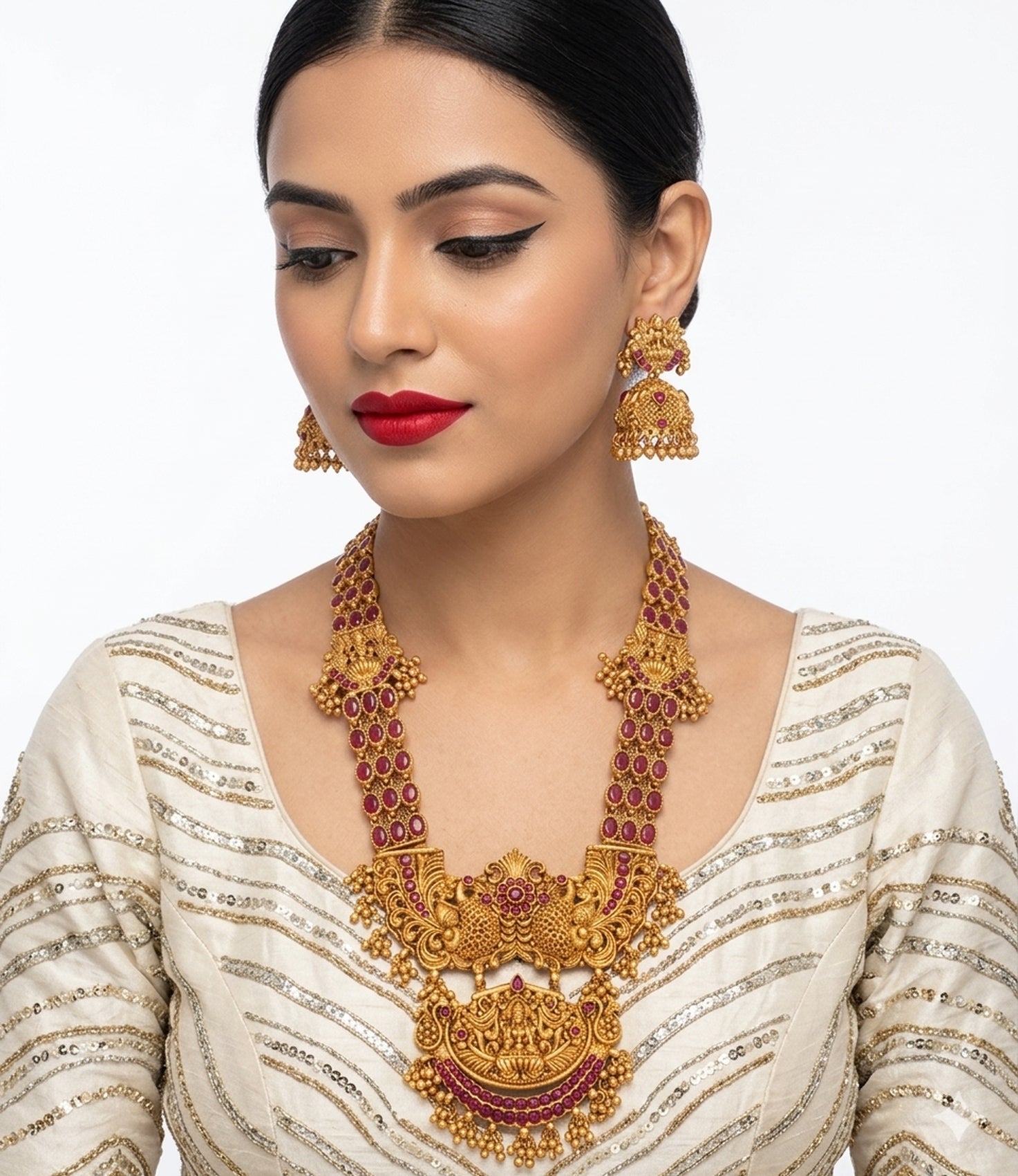 Jewel City Stunning Gold-Plated Temple Jewelry Set | Traditional Haram & Jhumkas | Bridal & Festival Wear