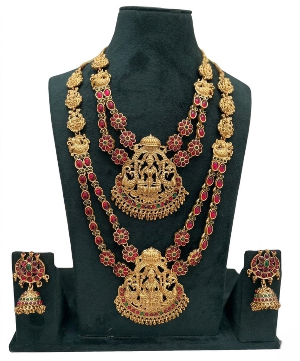 Jewel City Traditional Matte Gold Lakshmi Temple Necklace Set with Ruby & Emerald Stones