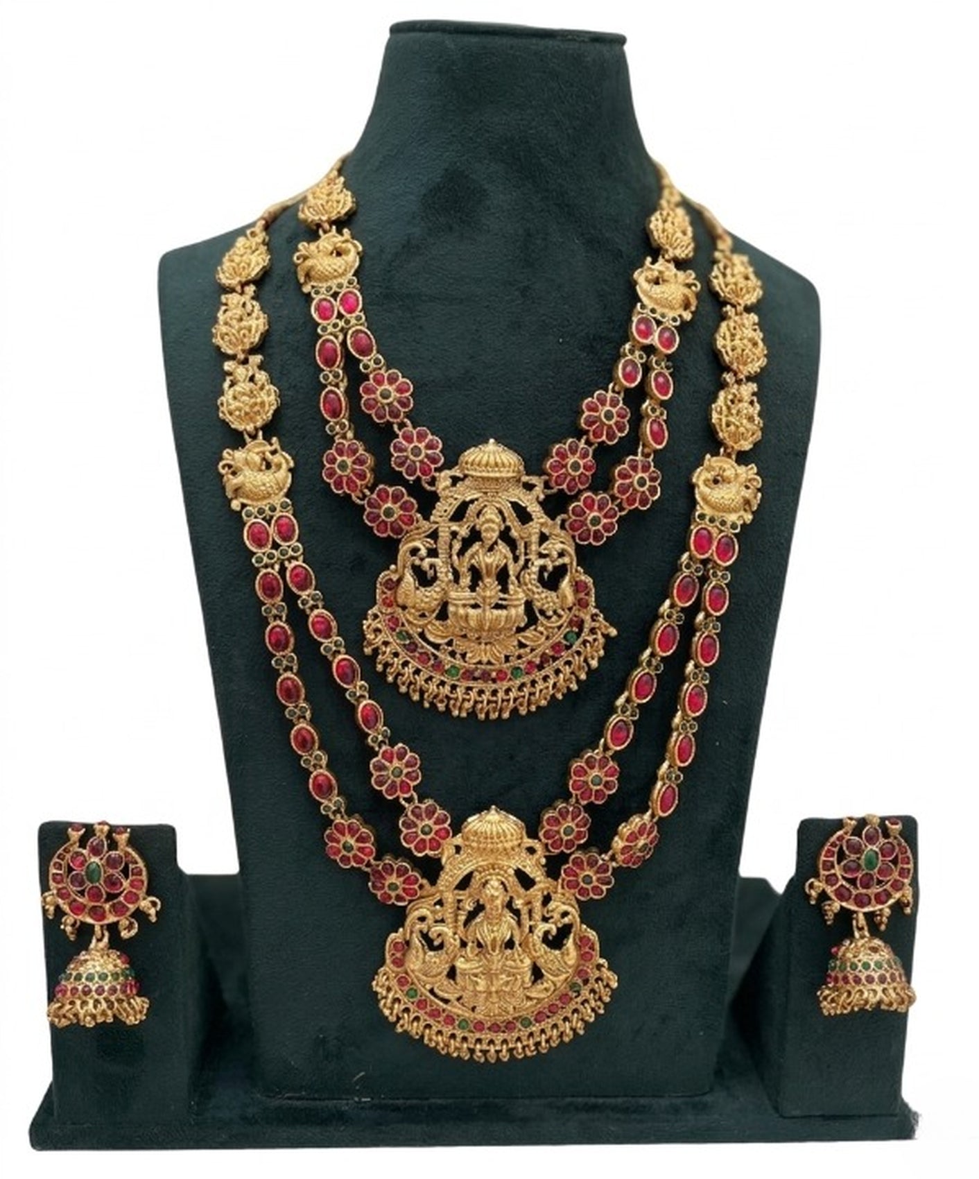 Jewel City Traditional Matte Gold Lakshmi Temple Necklace Set with Ruby & Emerald Stones