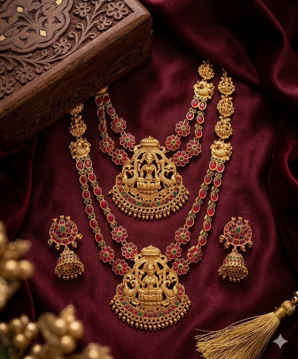 Jewel City Traditional Matte Gold Lakshmi Temple Necklace Set with Ruby & Emerald Stones