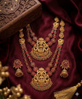 Jewel City Traditional Matte Gold Lakshmi Temple Necklace Set with Ruby & Emerald Stones