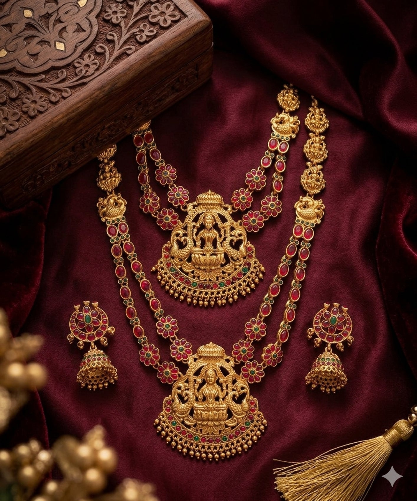 Jewel City Traditional Matte Gold Lakshmi Temple Necklace Set with Ruby & Emerald Stones