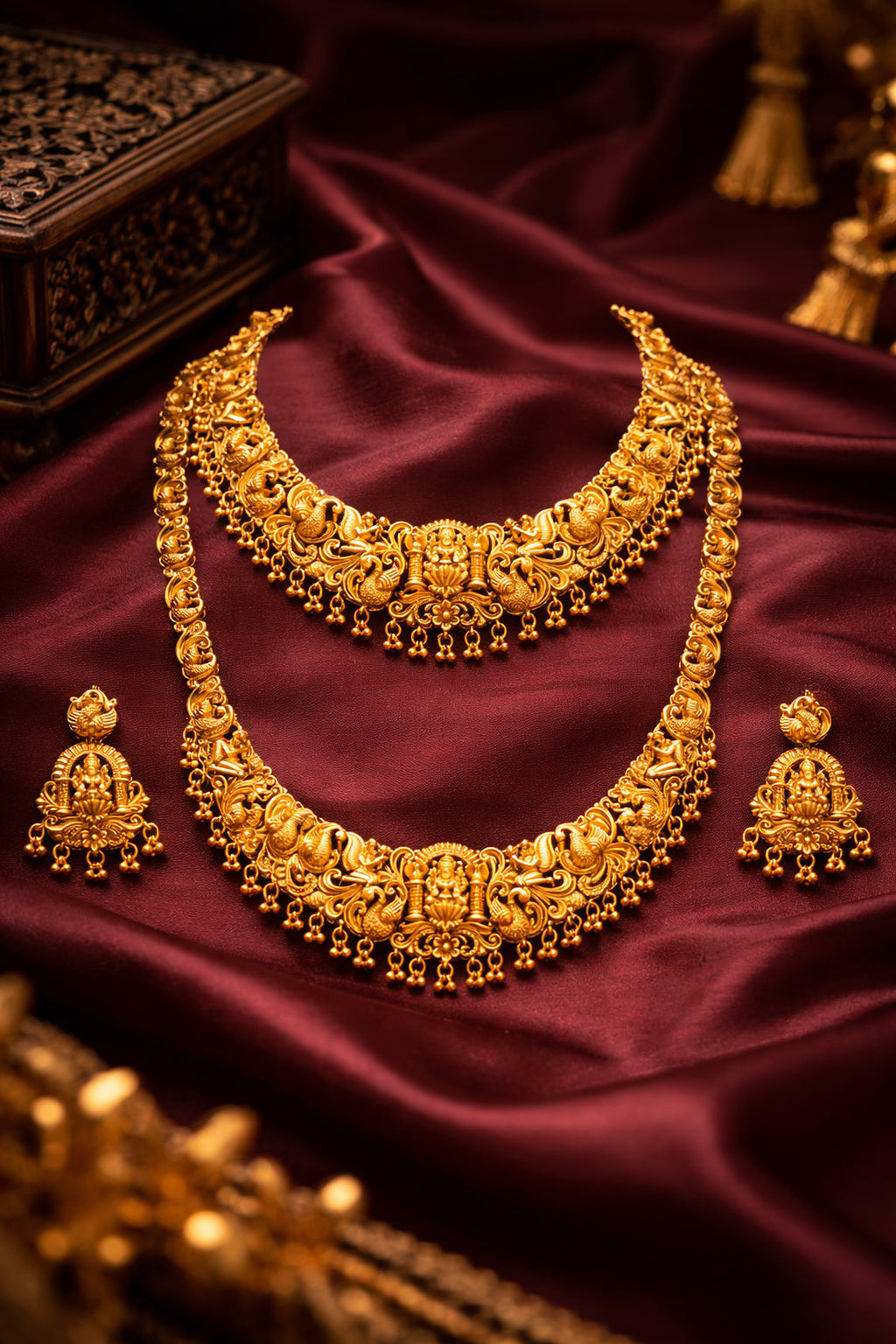 Jewel City Handcrafted Traditional Gold-Plated Temple Jewelry Set | Ethnic Bridal Lakshmi Necklace & Earrings for Women