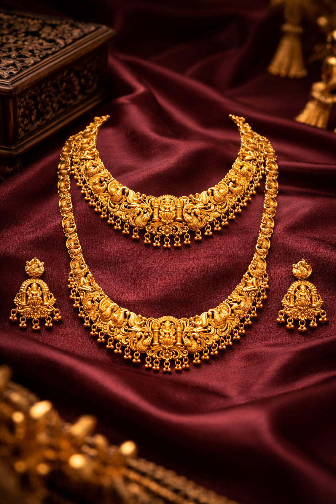 Jewel City Handcrafted Traditional Gold-Plated Temple Jewelry Set | Ethnic Bridal Lakshmi Necklace & Earrings for Women