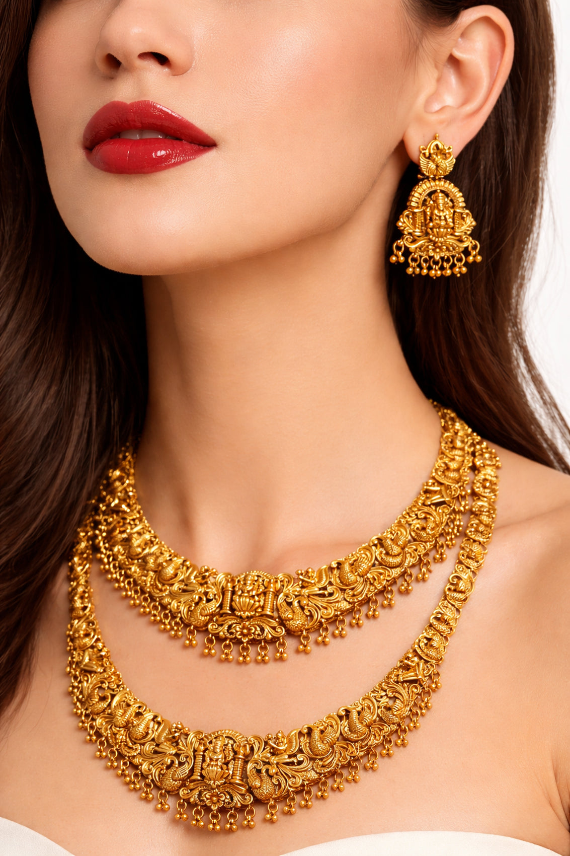 Jewel City Handcrafted Traditional Gold-Plated Temple Jewelry Set | Ethnic Bridal Lakshmi Necklace & Earrings for Women