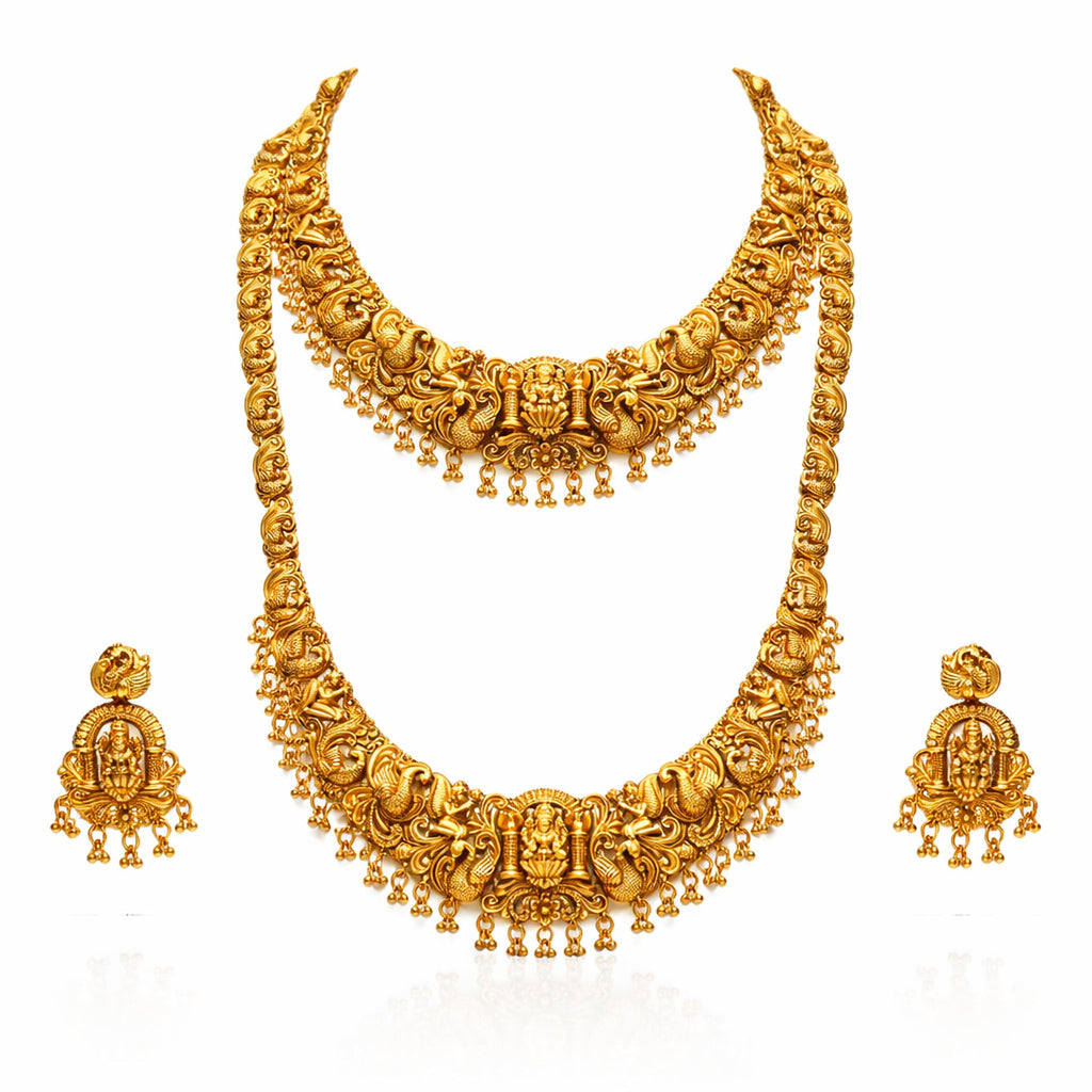 Jewel City Handcrafted Traditional Gold-Plated Temple Jewelry Set | Ethnic Bridal Lakshmi Necklace & Earrings for Women